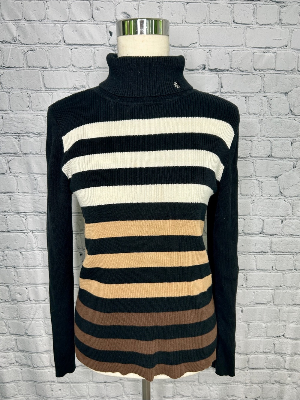Lauren Ralph Lauren Black, Cream & Brown Striped Turtleneck Sweater